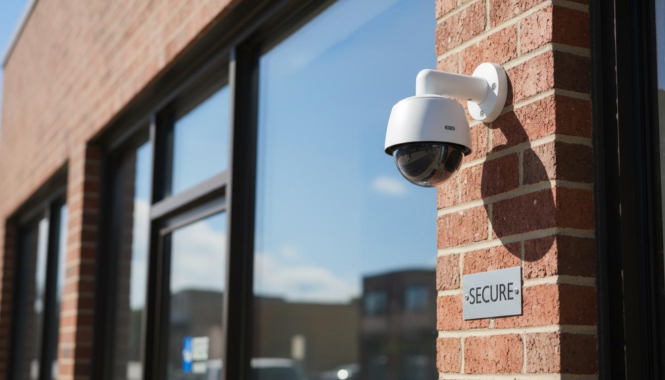 Professional exterior security camera installation on a building